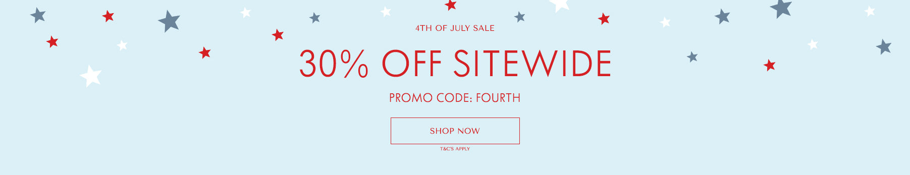 Promotional banner with 30% off sitewide discount and a 'Shop Now' button on a light blue background.