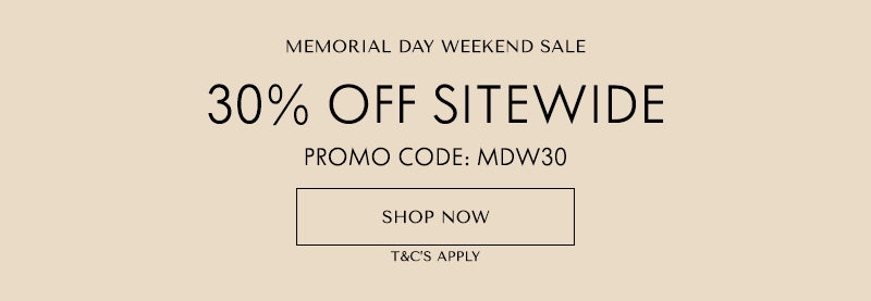 Memorial Day Weekend Sale banner with 30% off sitewide and a promo code on a beige background.