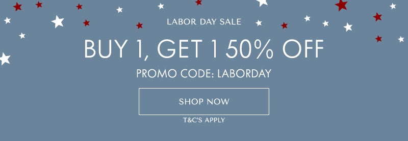 Labor Day sale promotional banner with white and red text on a muted blue background, including 'BUY 1, GET 1 50% OFF', 'PROMO CODE: LABORDAY', 'SHOP NOW', and 'T&C'S APPLY'.