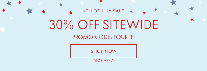 Promotional banner for 4th of July sale with text and stars on a light blue background