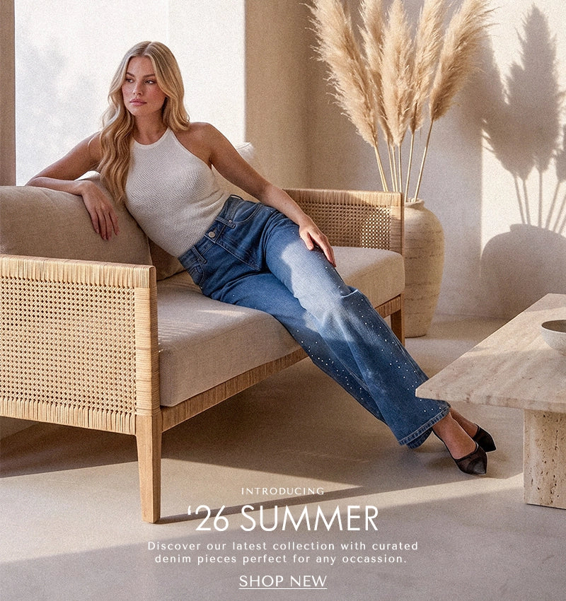 Woman sitting on a beige chair in a stylish room with text about a '26 Summer collection.
