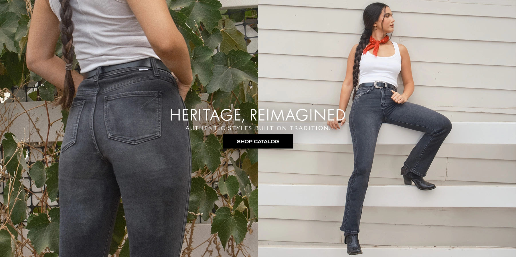 Woman wearing dark jeans with text 'Heritage, Reimagined' on a split-screen background.
