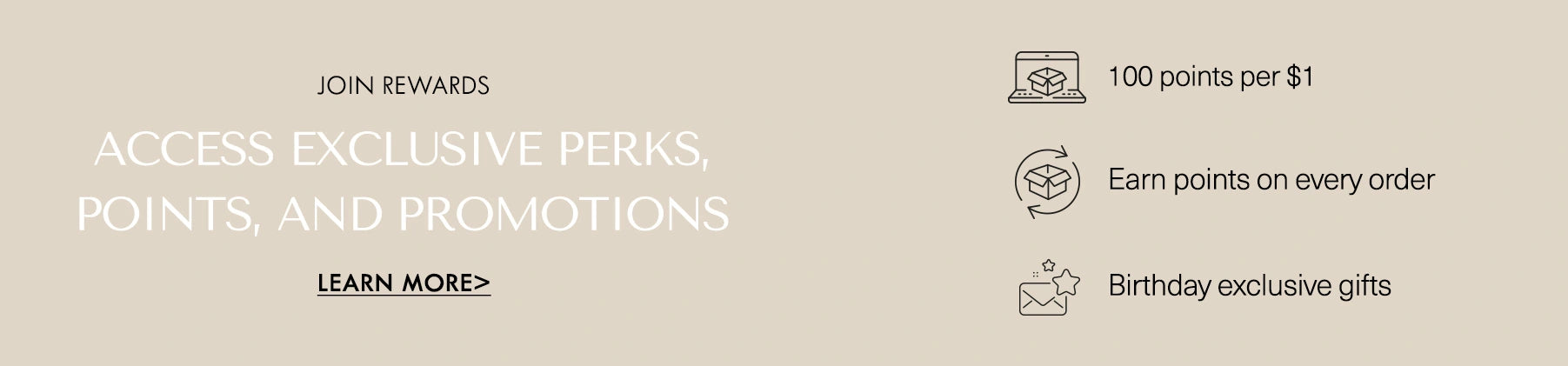 Promotional text for a rewards program with icons and text on a beige background