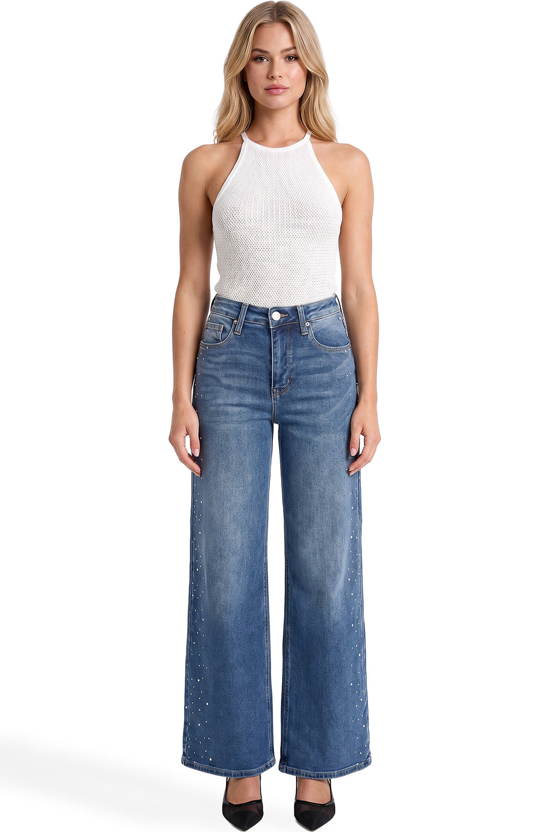Chloe High Rise Wide Leg Jeans with Rhinestones