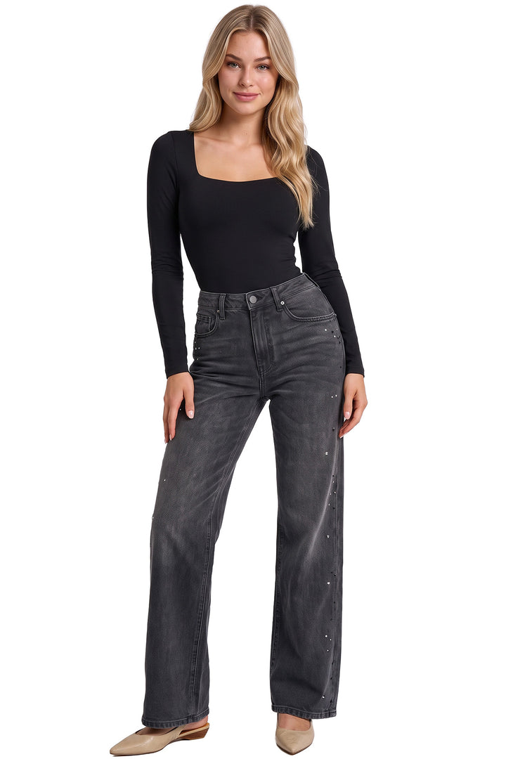 Hailey Wide Leg Jeans with Rhinestones - Black