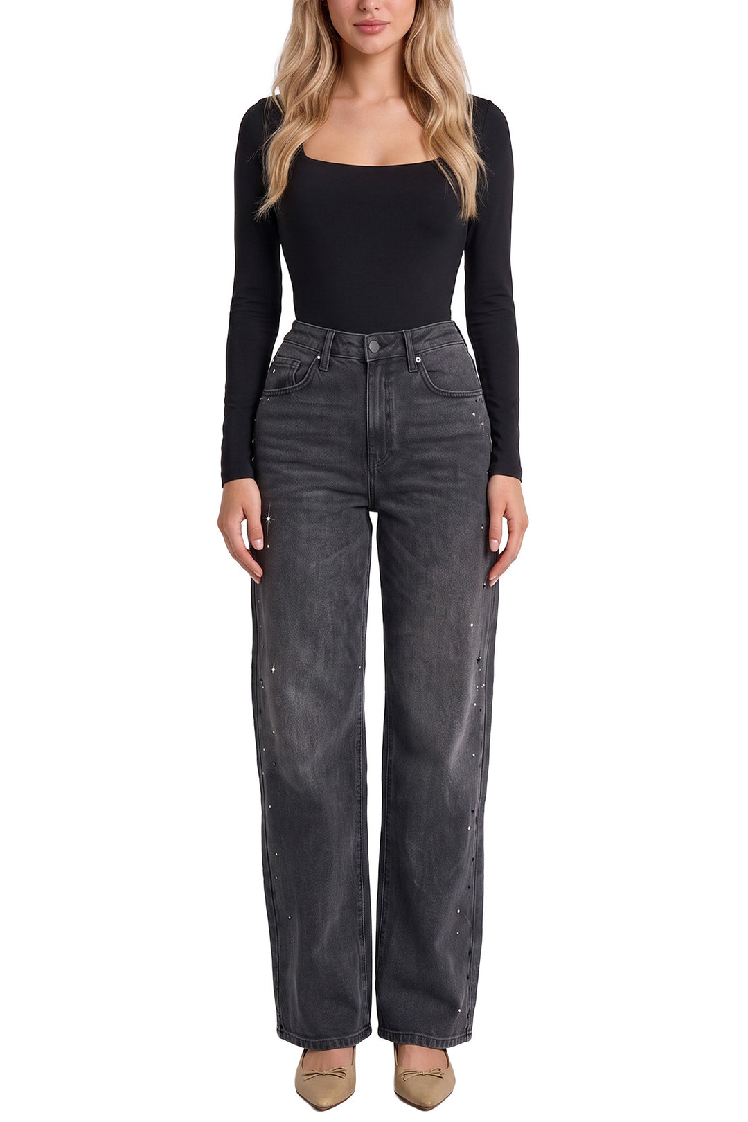 Hailey Wide Leg Jeans with Rhinestones - Black