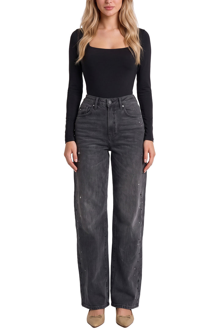 Hailey Wide Leg Jeans with Rhinestones - Black