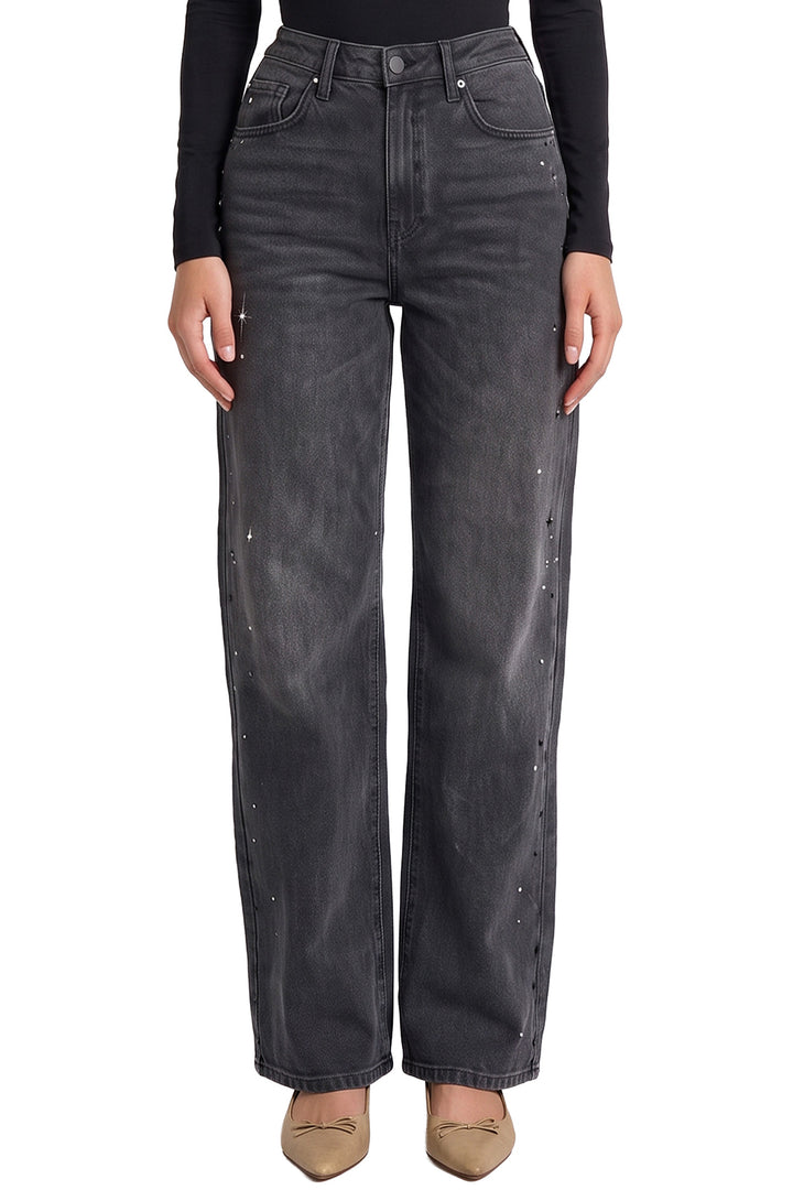 Hailey Wide Leg Jeans with Rhinestones - Black
