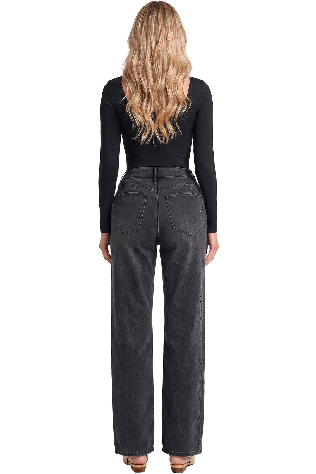 Hailey Wide Leg Jeans with Rhinestones - Black