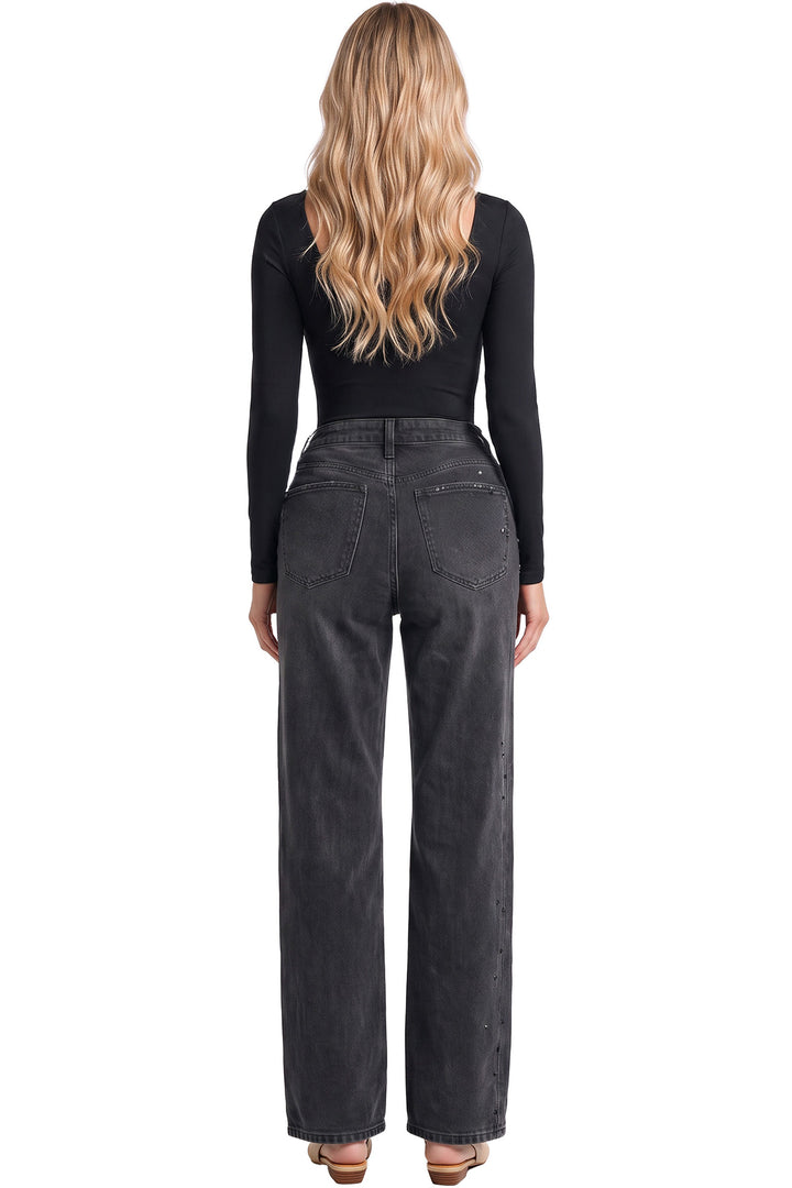 Hailey Wide Leg Jeans with Rhinestones - Black
