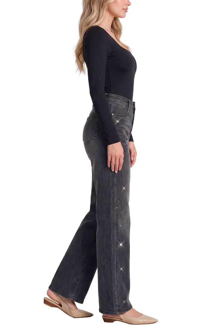 Hailey Wide Leg Jeans with Rhinestones - Black