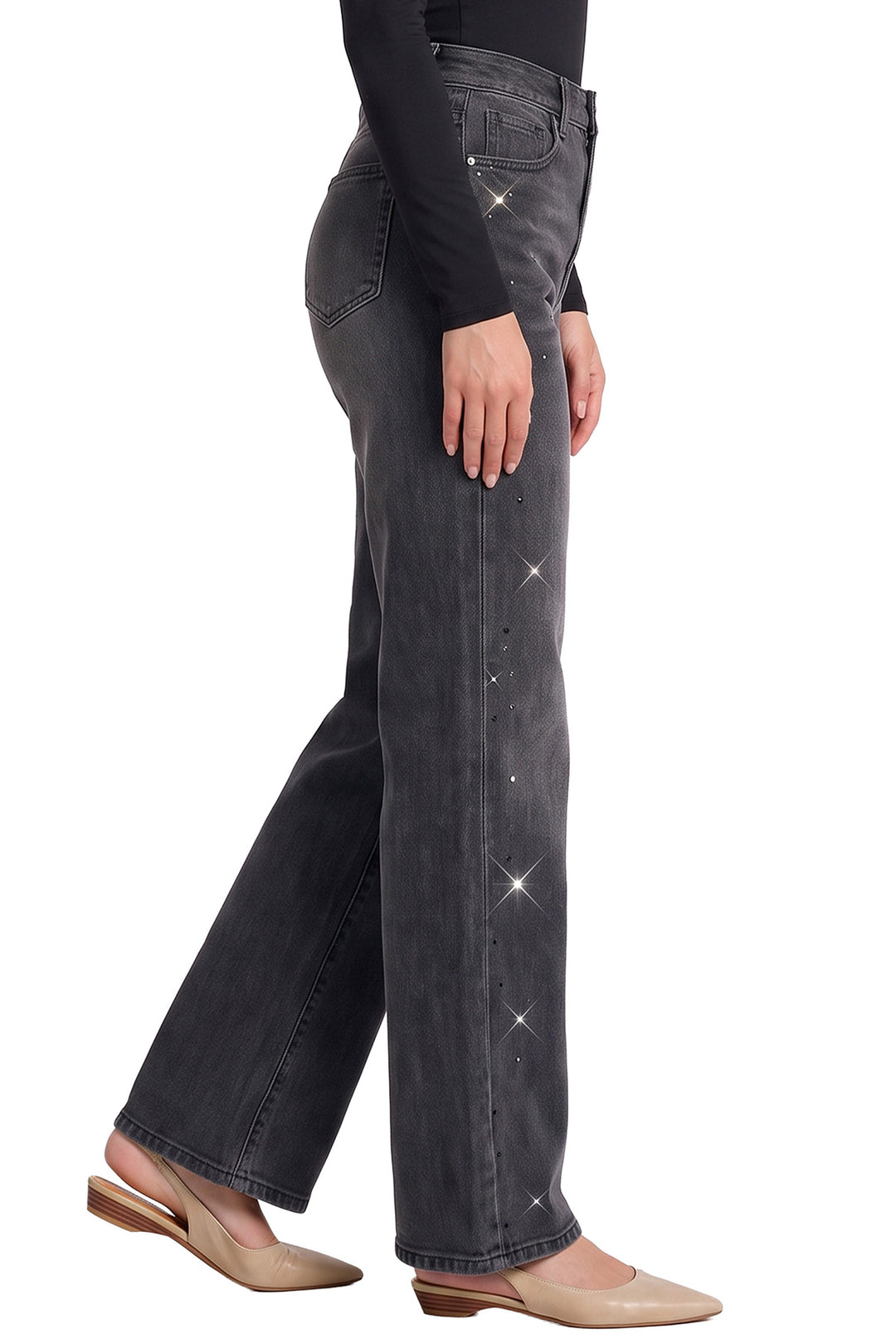 Hailey Wide Leg Jeans with Rhinestones - Black