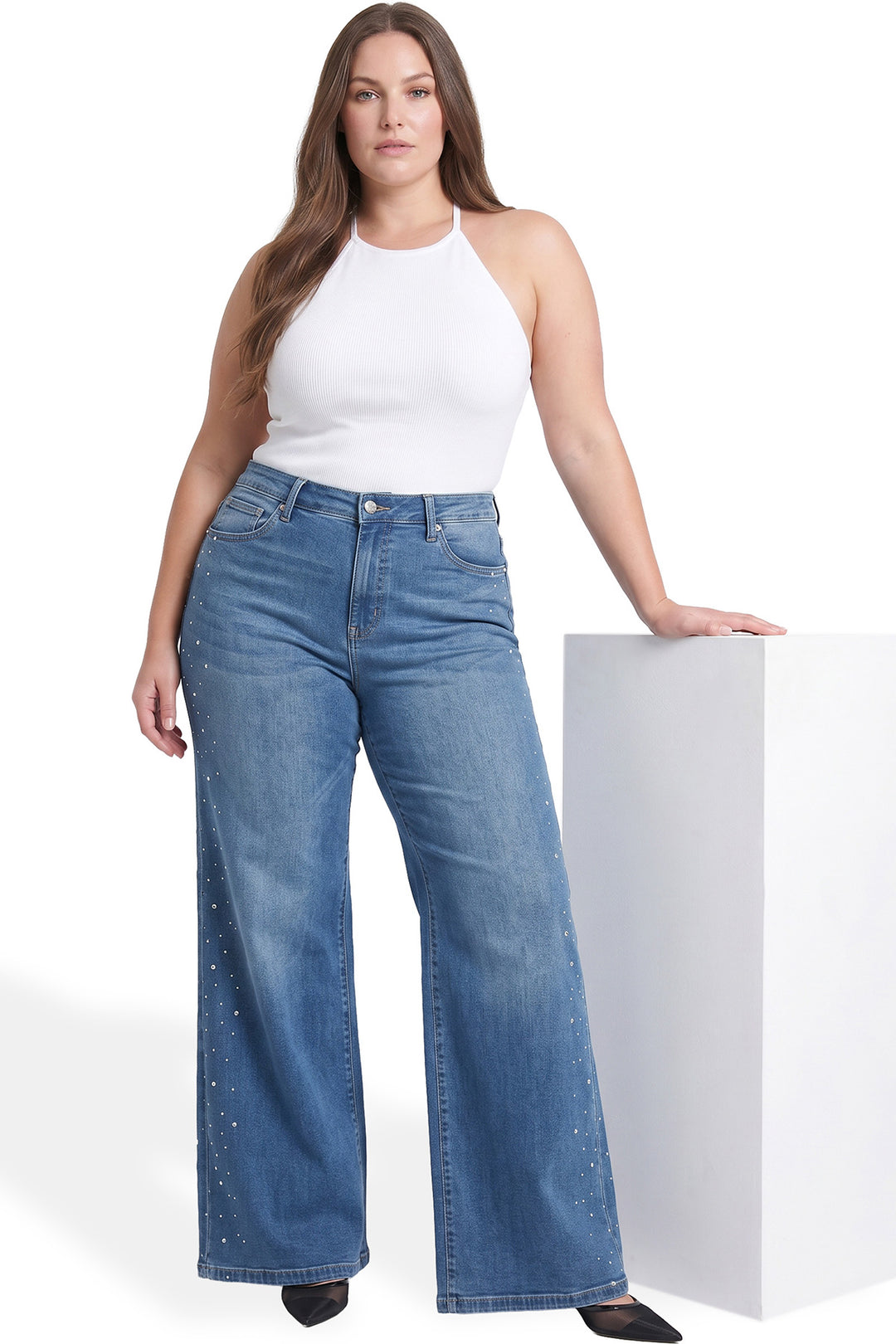 Plus Chloe High Rise Wide Leg Jeans with Rhinestones