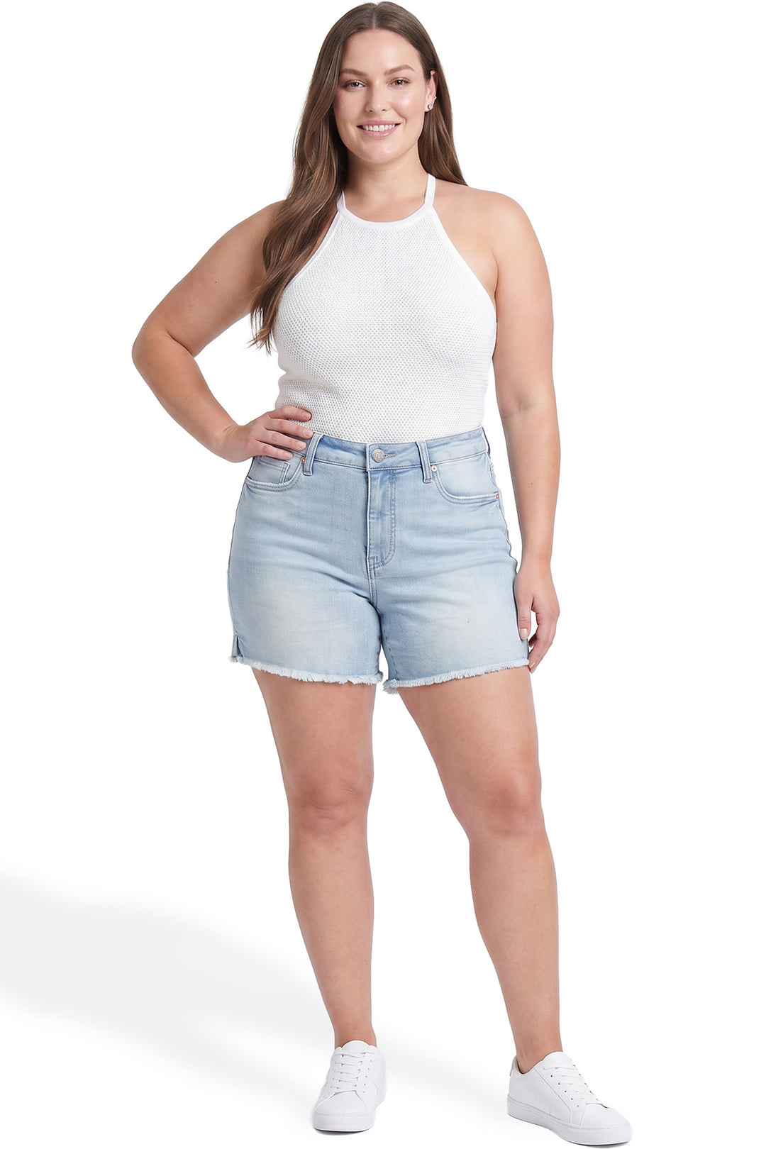 Plus Essential High Rise Fray Hem With Side Slit Shorts