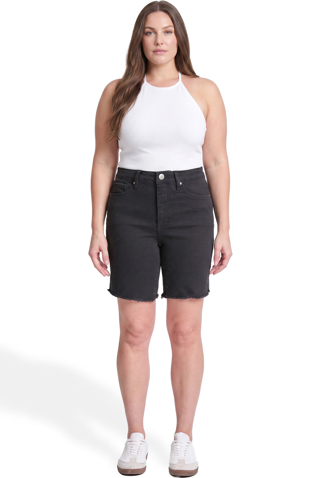 Plus High Rise Frey Hem Long Shorts